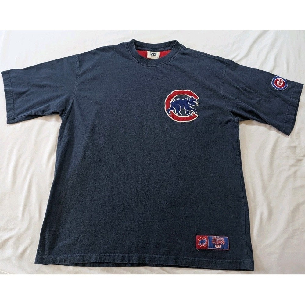 VTG Chicago Cubs T-Shirt Navy Embroidered Walking Bear Mens XL Heavy Cotton Lee